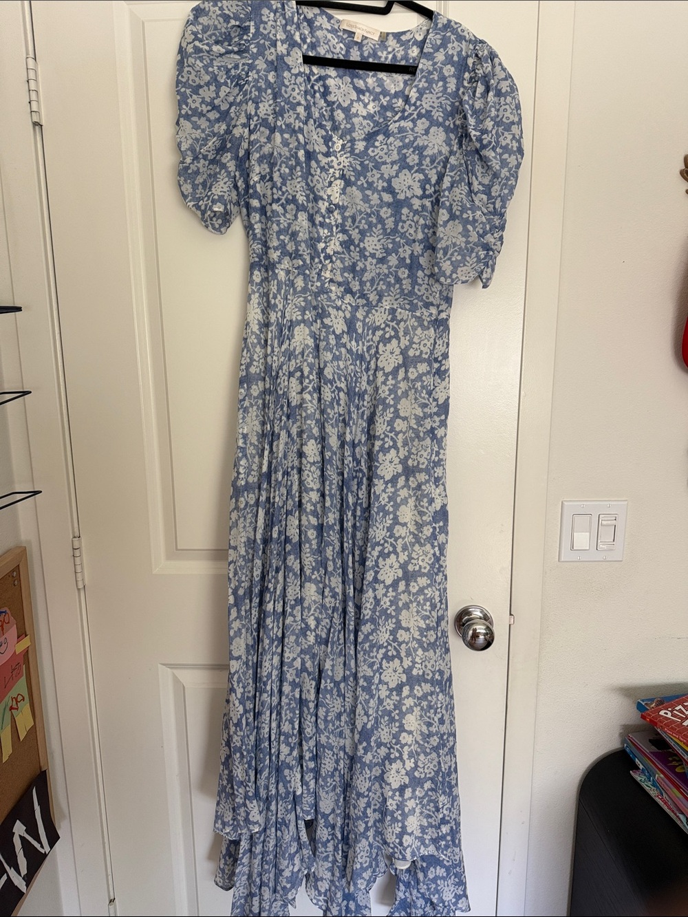 LoveShackFancy Blue Floral Puff-Sleeve Maxi Dress